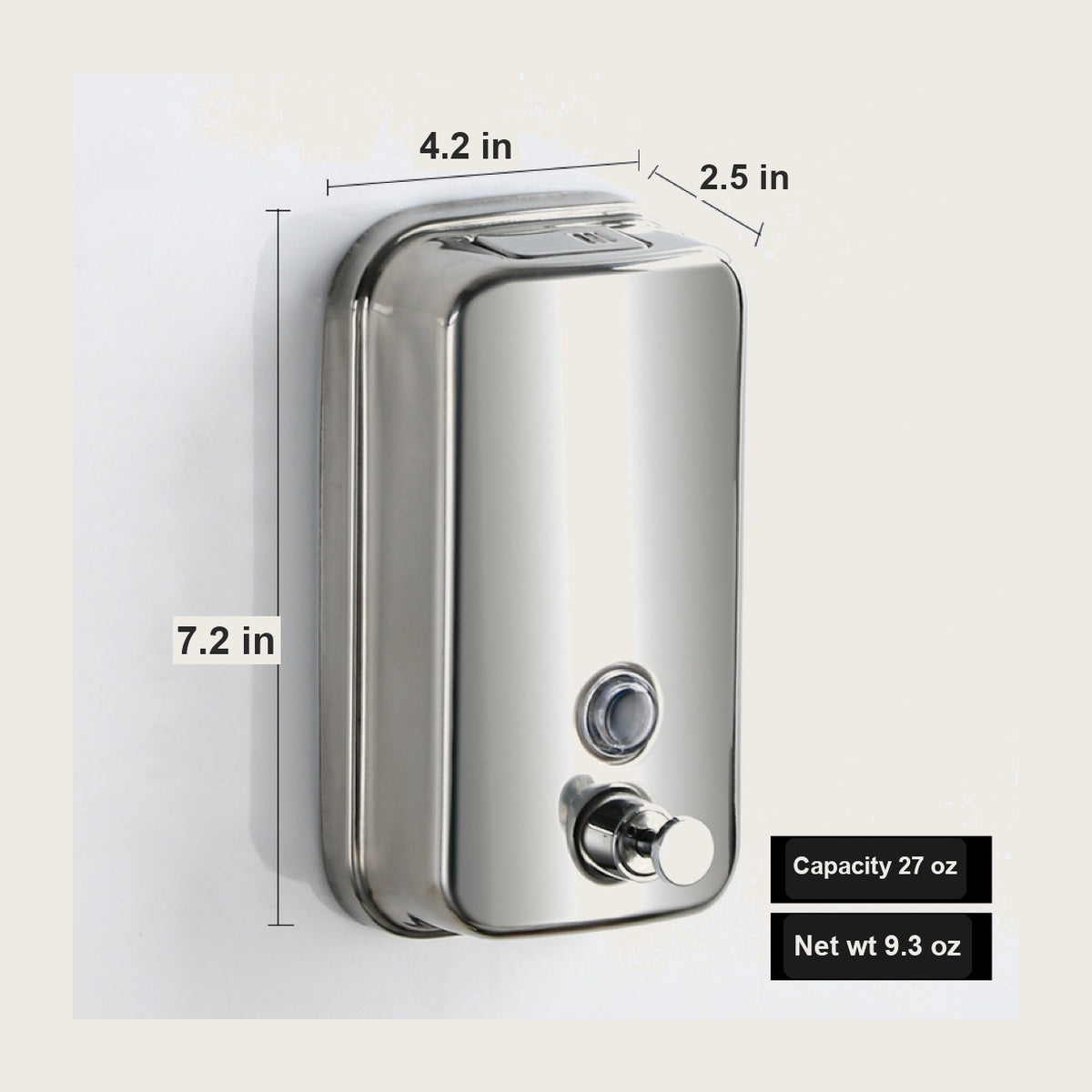 Medium soap dispenser dimensions - 4.2 x 2.5 x 7.2 in, 27 oz capacity