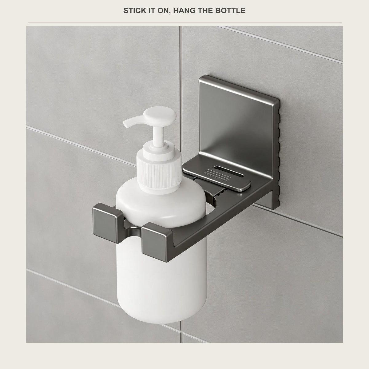 Adhesive wall bottle holder on grey bathroom tile holding a white pump bottle
