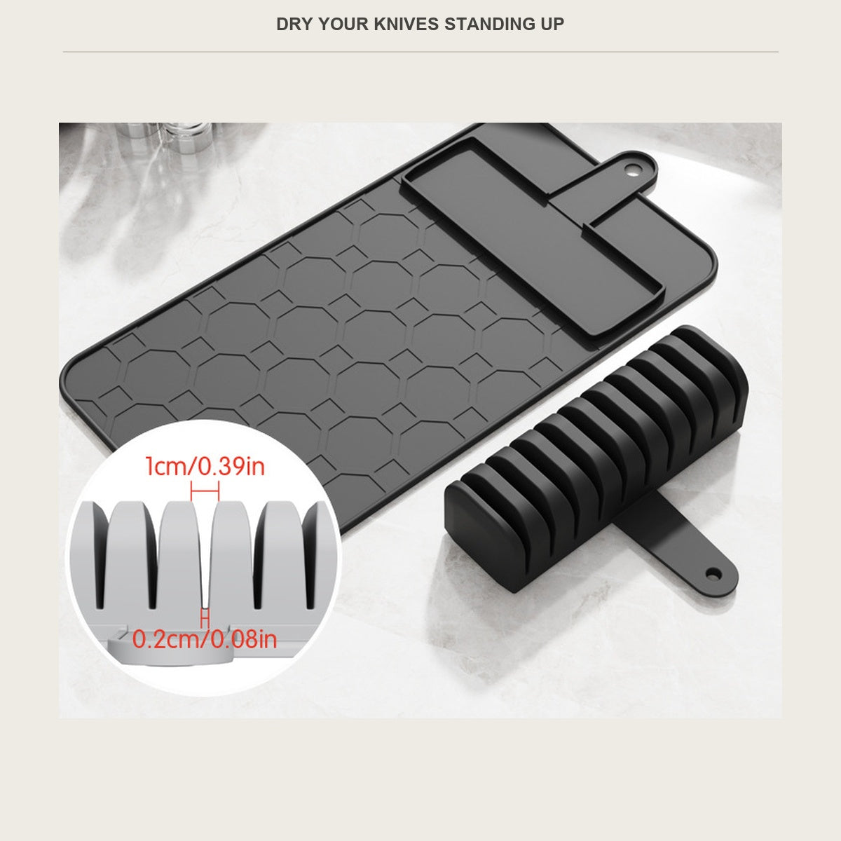 Black silicone knife drying mat with the slot block and blades standing upright
