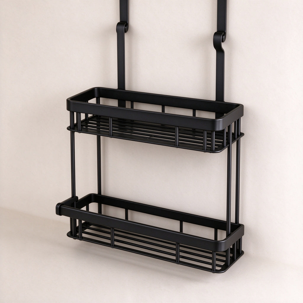 Matte black two-tier shower caddy with two over-the-door hook arms