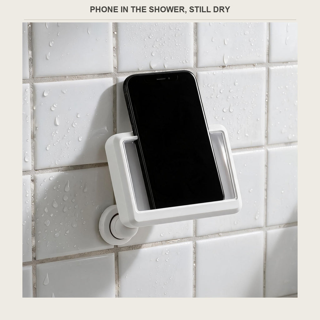 Waterproof phone box on a shower wall with a phone inside it