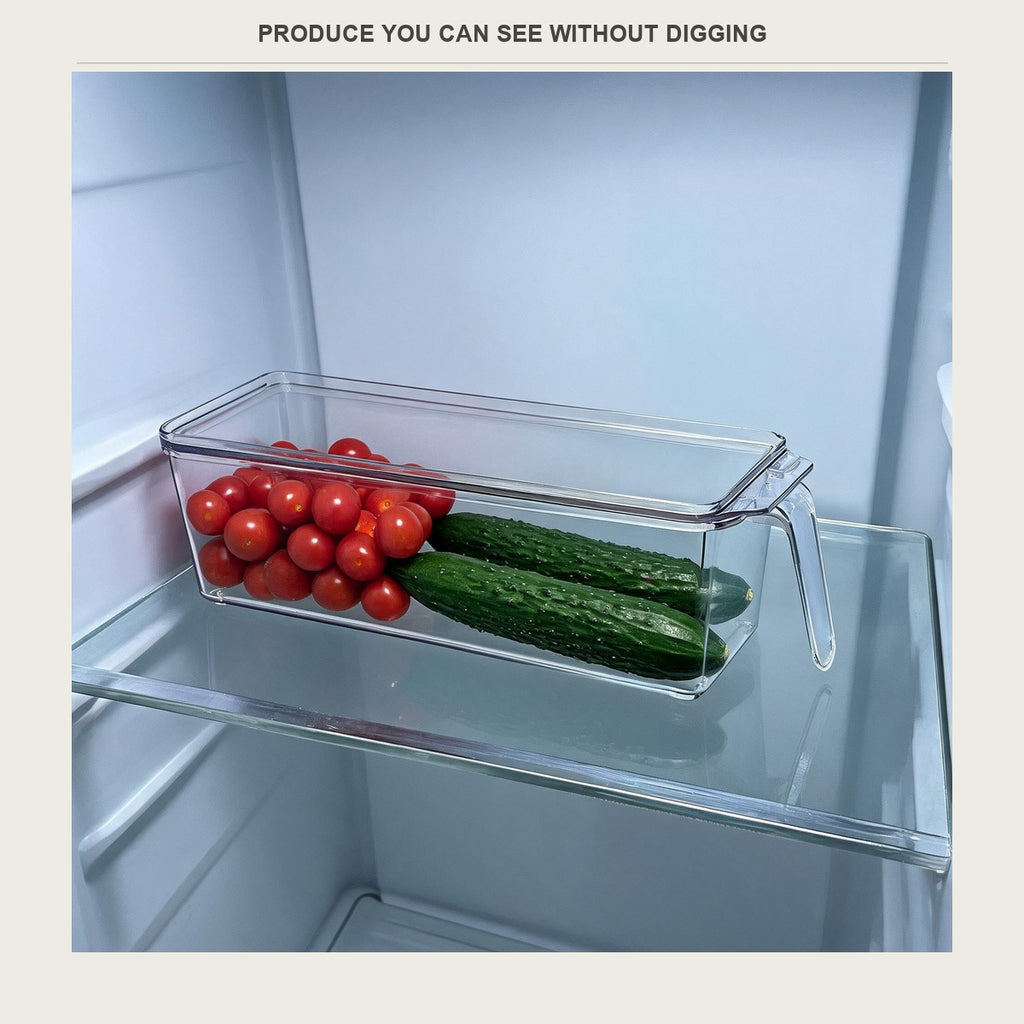 Clear lidded storage bin pulling forward on a fridge shelf with tomatoes and cucumbers