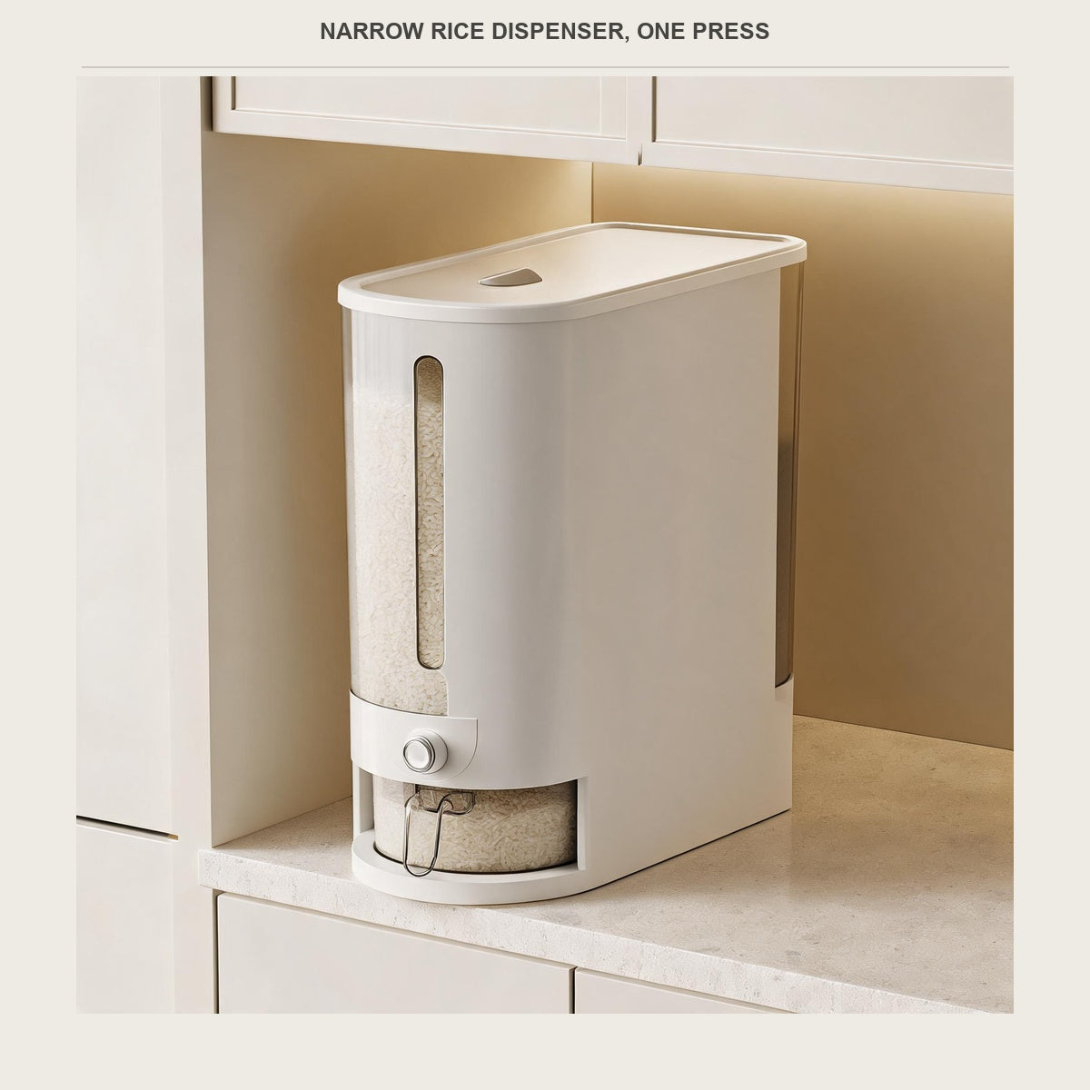 Slim rice dispenser on a pale kitchen counter beside a white cabinet, filled with rice