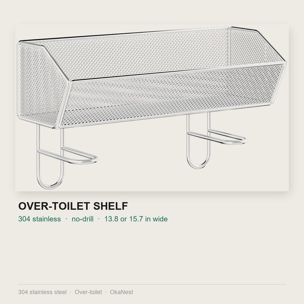 Over-the-toilet shelf in SUS 304 stainless mounted on the tank lid, no drilling