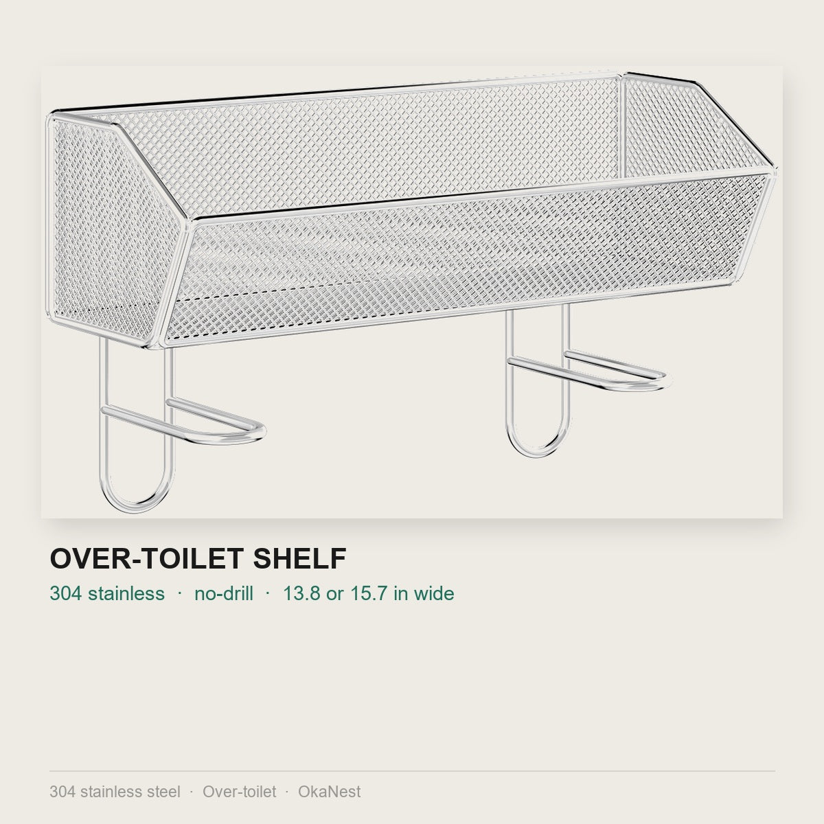 Over-the-toilet shelf in SUS 304 stainless mounted on the tank lid, no drilling