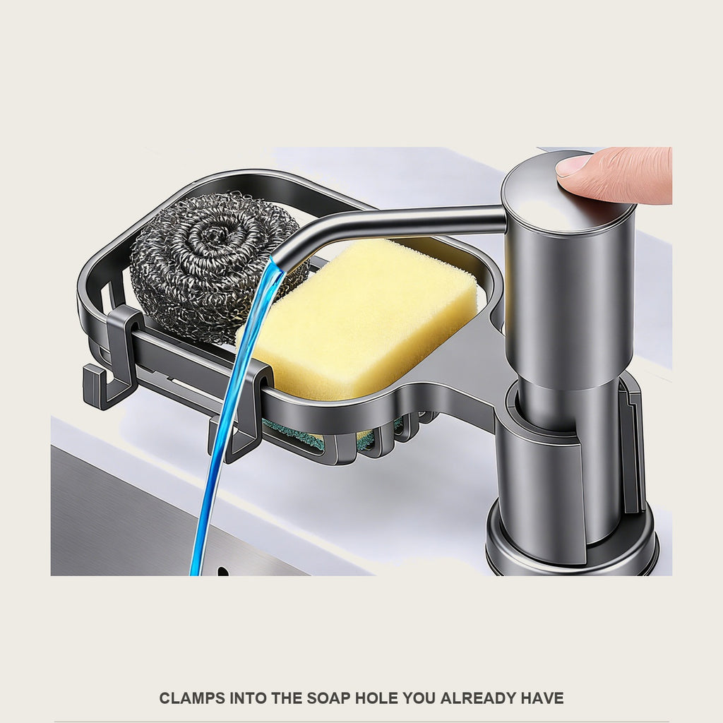 Sink soap dispenser clamped into the soap hole, with sponge and steel wool in the basket