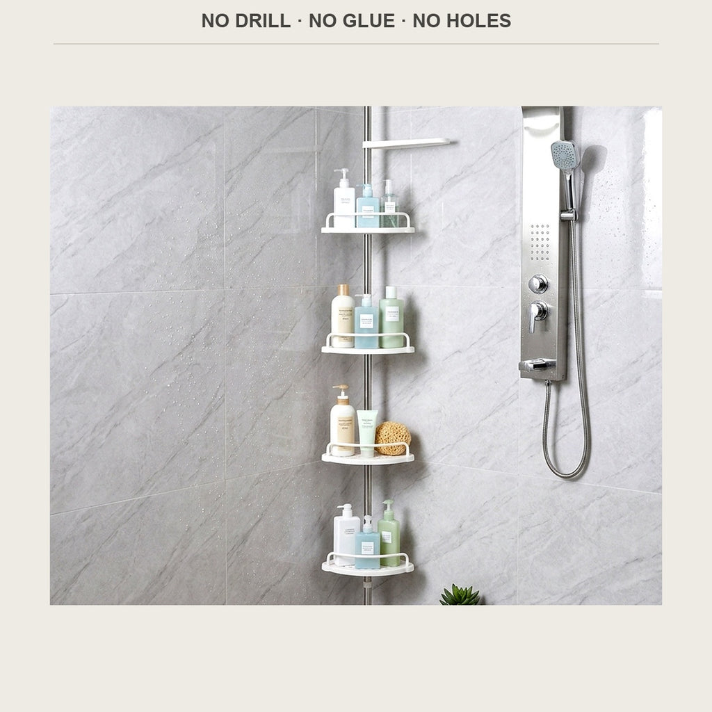 Tension pole shower shelf standing floor to ceiling in a tiled corner