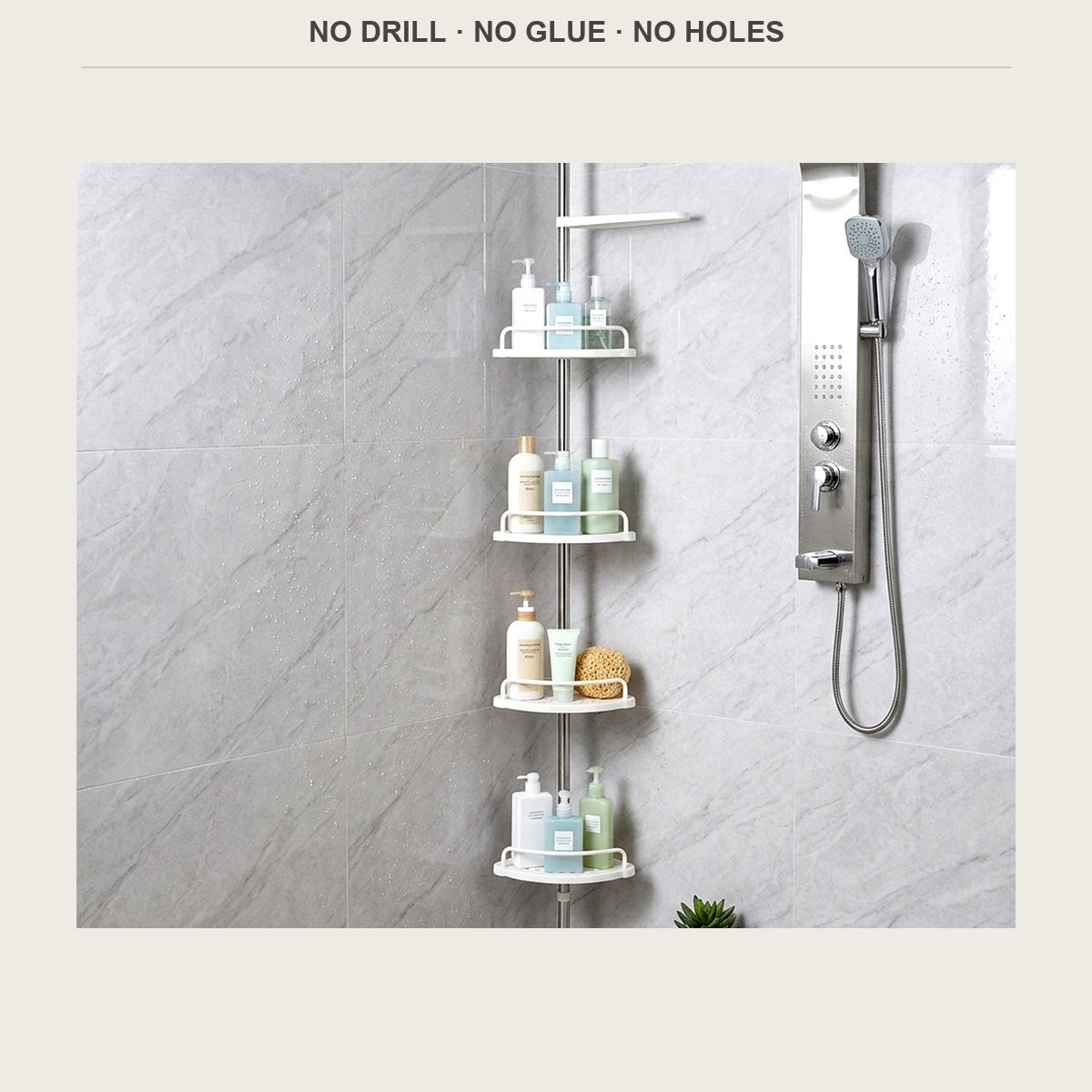 Tension pole shower shelf standing floor to ceiling in a tiled corner