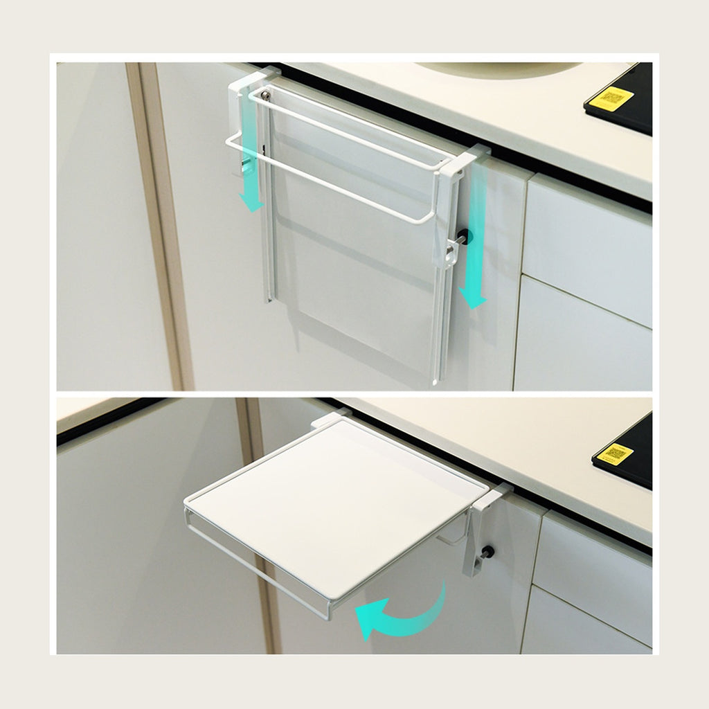 Fold-down cabinet door shelf shown folded flat and opened out level with the counter