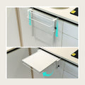 Fold-down cabinet door shelf shown folded flat and opened out level with the counter