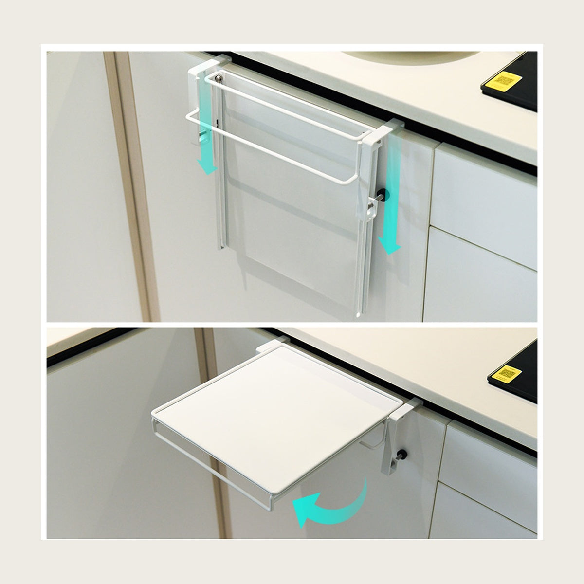 Fold-down cabinet door shelf shown folded flat and opened out level with the counter