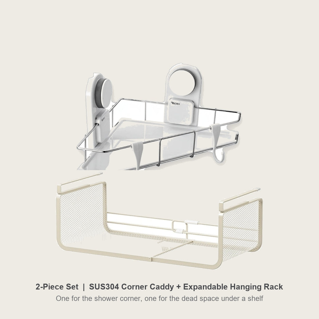 2-piece corner and cabinet rack set - SUS304 corner caddy with an expandable hanging rack
