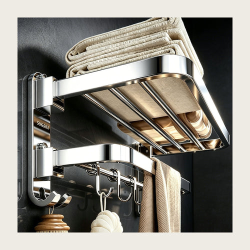 304 stainless folding towel shelf on a bathroom wall holding folded towels