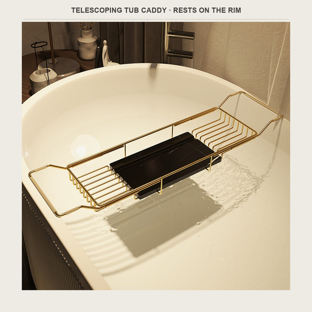 Telescoping bathtub caddy resting on the rim of a bath tub