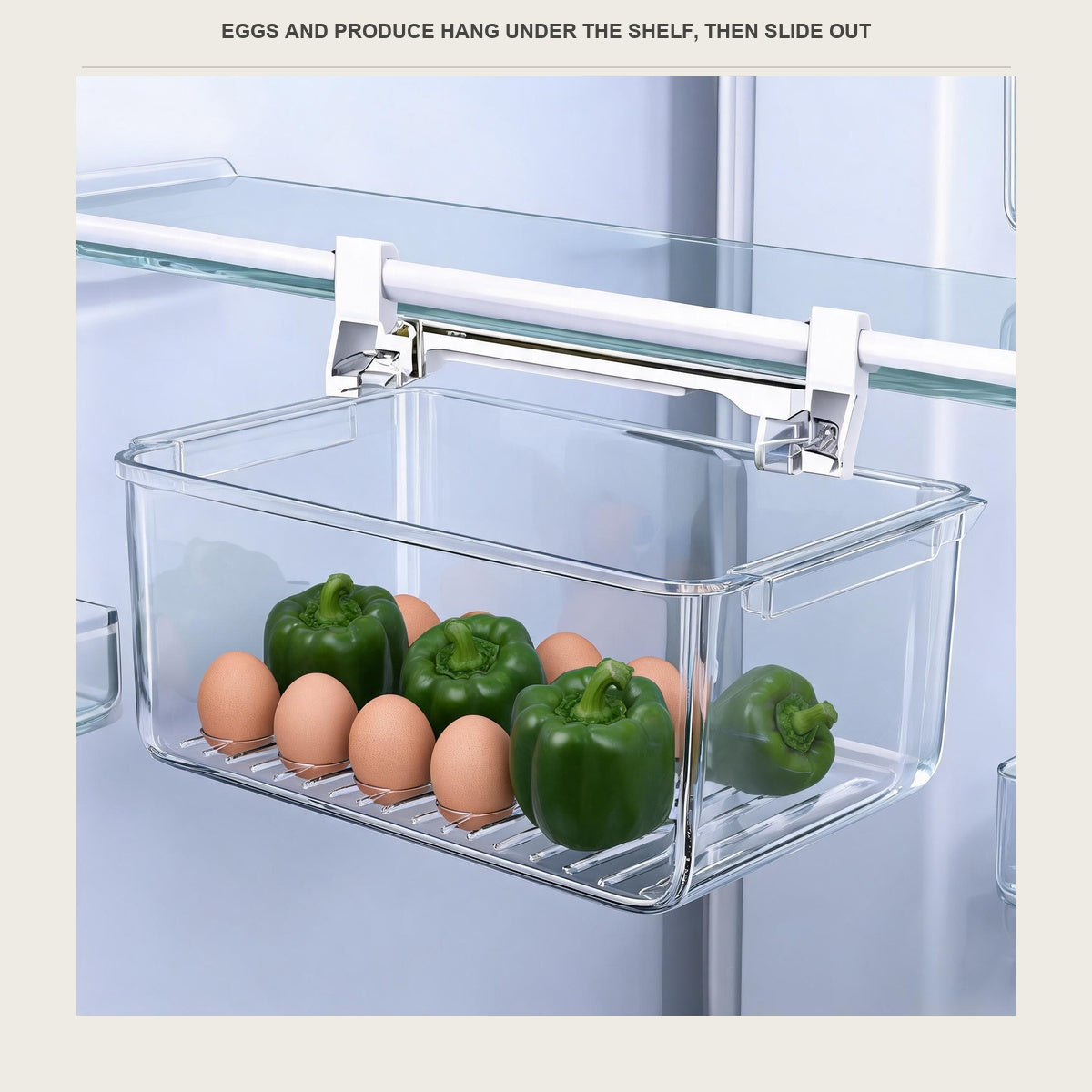 Clear pull-out drawer hanging under a fridge shelf on a white rail with eggs and peppers inside