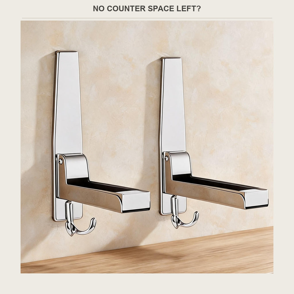 Pair of folding wall mounted microwave brackets on a kitchen wall