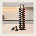 Rotating coffee pod tower holding forty Nespresso Original capsules, on a pale kitchen counter