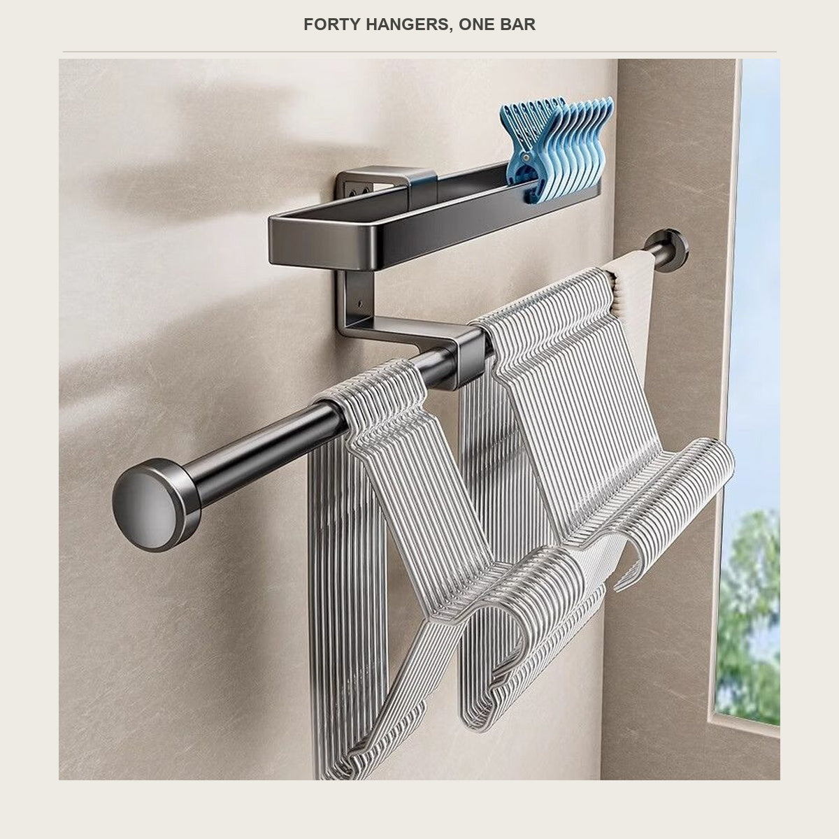 Wall mounted hanger holder with a row of hangers hanging below the clip tray