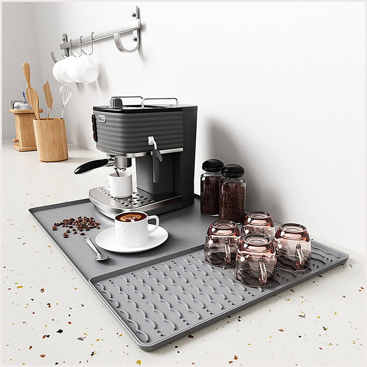 OkaNest Silicone Coffee Maker Mat · 2-in-1 mat and drying pad on a kitchen counter