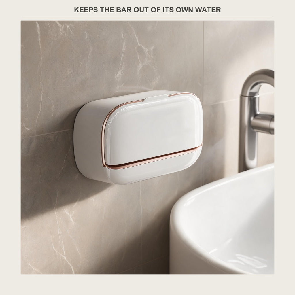 Wall soap dish box mounted on a marble bathroom wall beside a basin