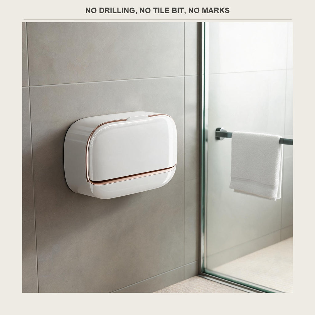 The same soap box on shower tile with a folded towel in the background