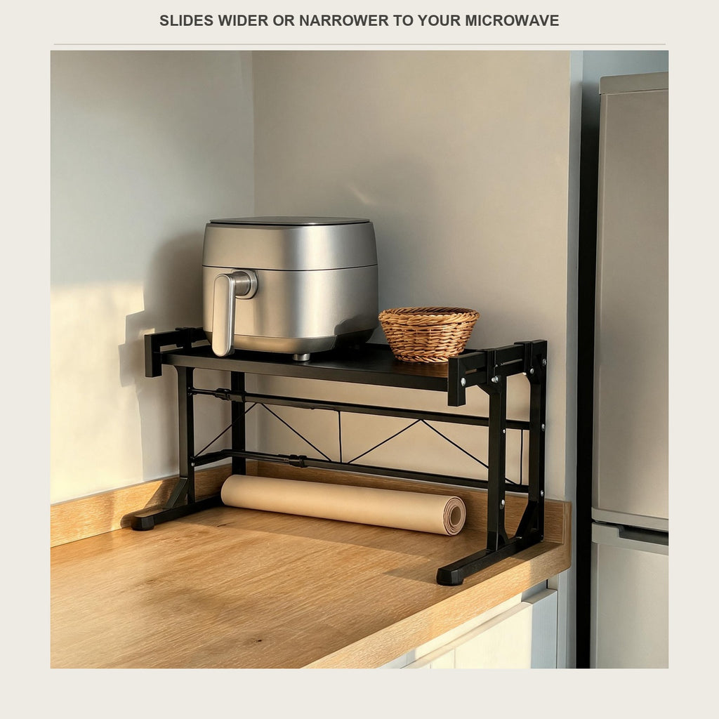 Air fryer and a wicker basket on the top shelf of the expandable counter rack