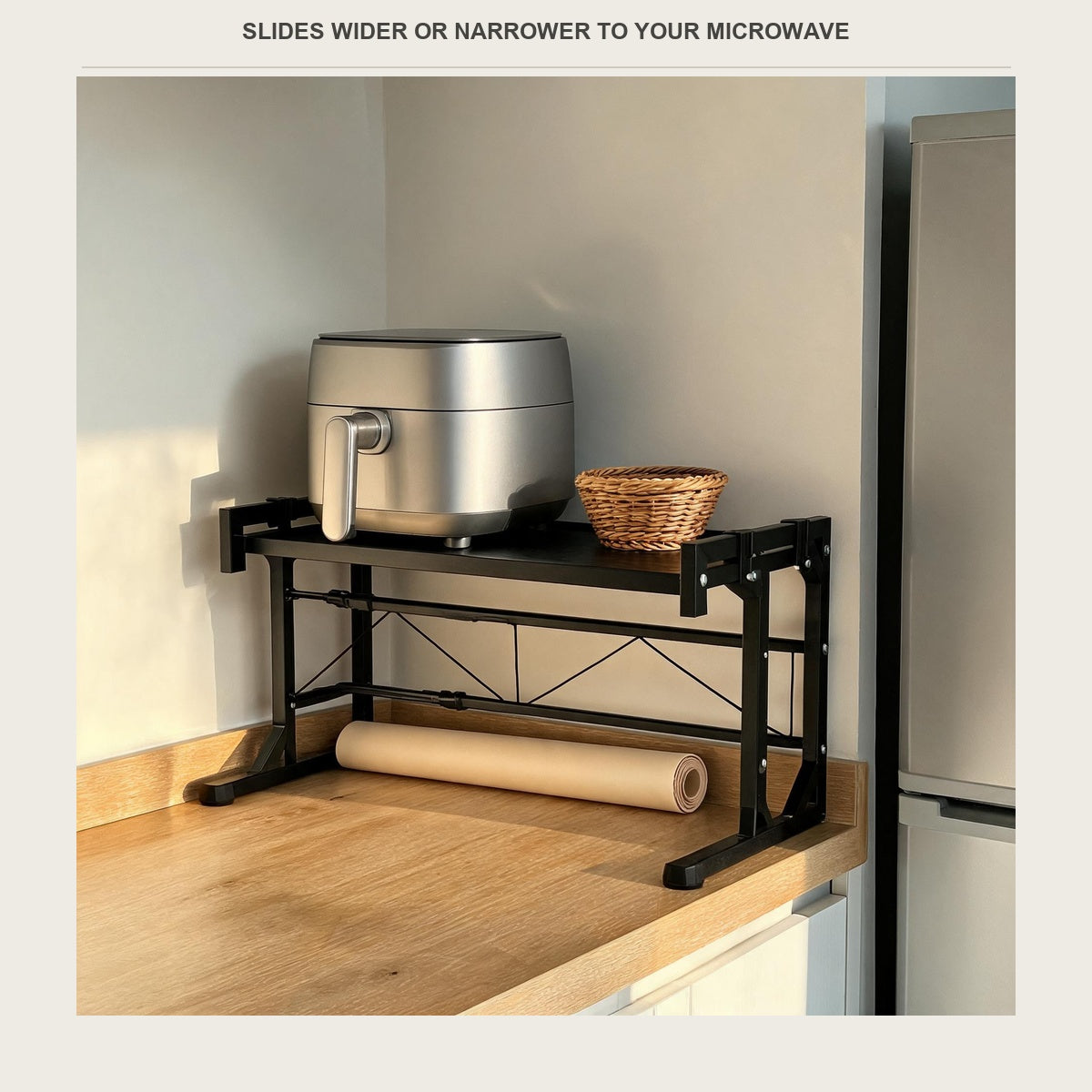 Air fryer and a wicker basket on the top shelf of the expandable counter rack