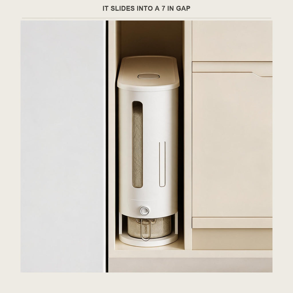 The narrow rice dispenser slid into a tight gap between a fridge and a cabinet side