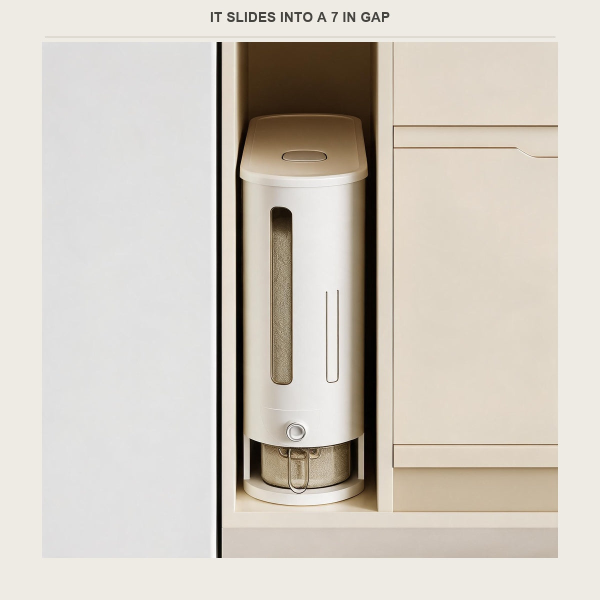 The narrow rice dispenser slid into a tight gap between a fridge and a cabinet side