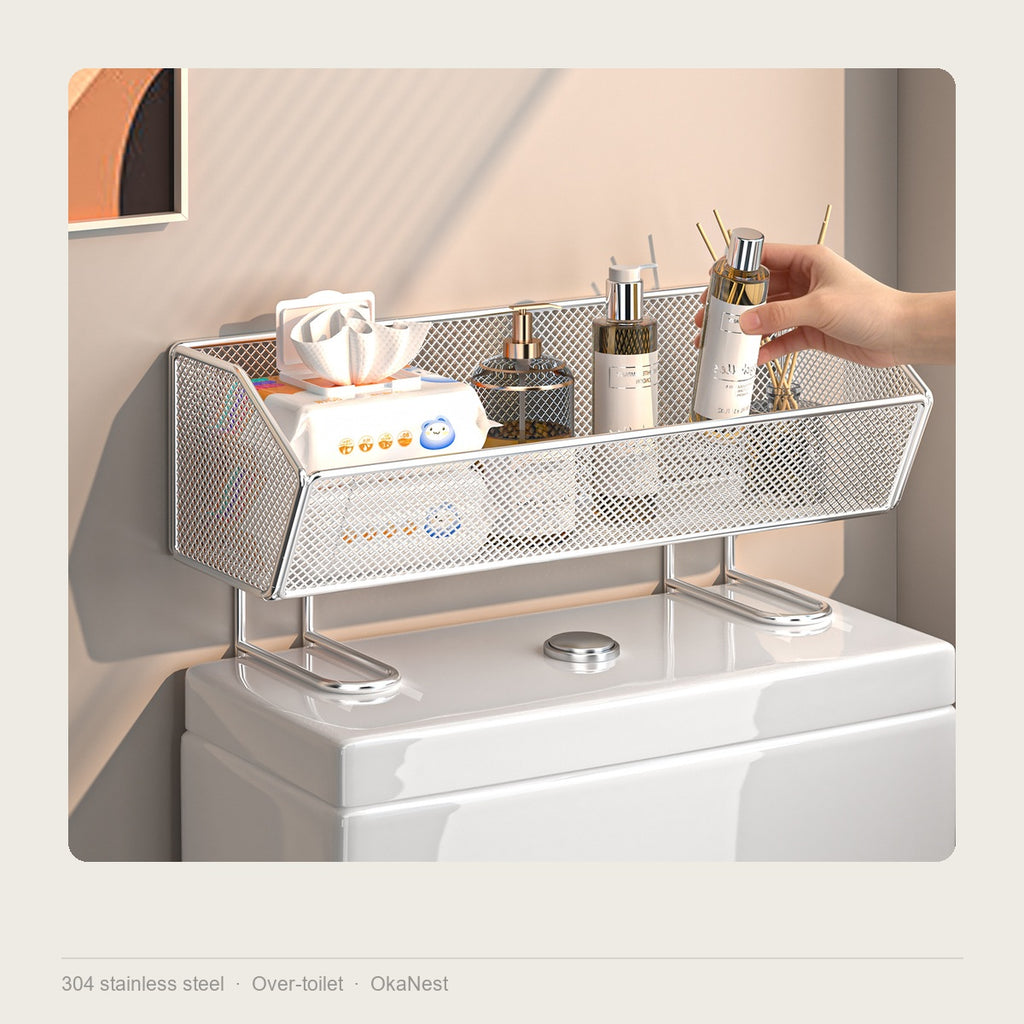No-drill stainless over-the-toilet shelf in a small bathroom