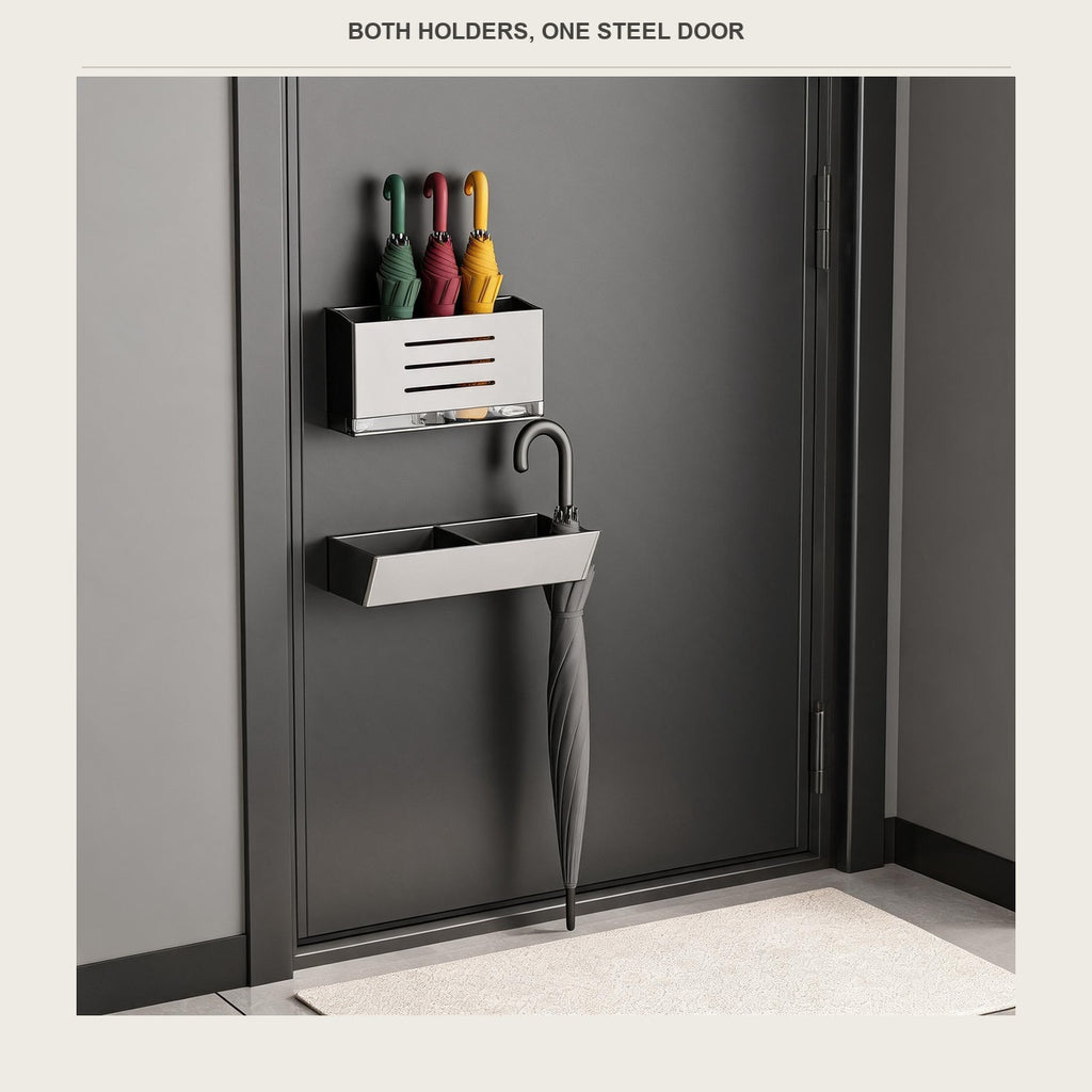 A drip-tray umbrella box above a long umbrella rail, both magnet-mounted on one steel door