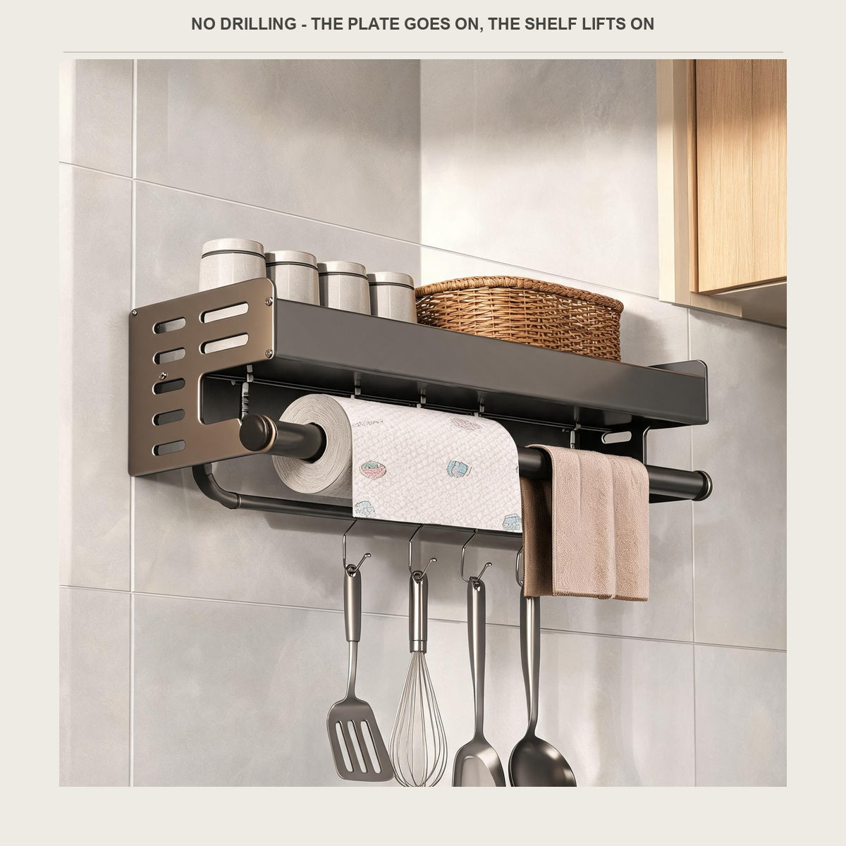 The grey wall shelf beside a stove with oil bottles on the tray and a tea towel on the rail