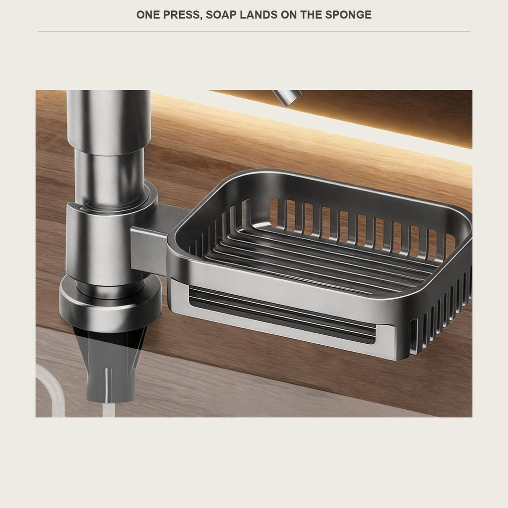 Clamp-in soap dispenser on a wood counter beside a kitchen sink