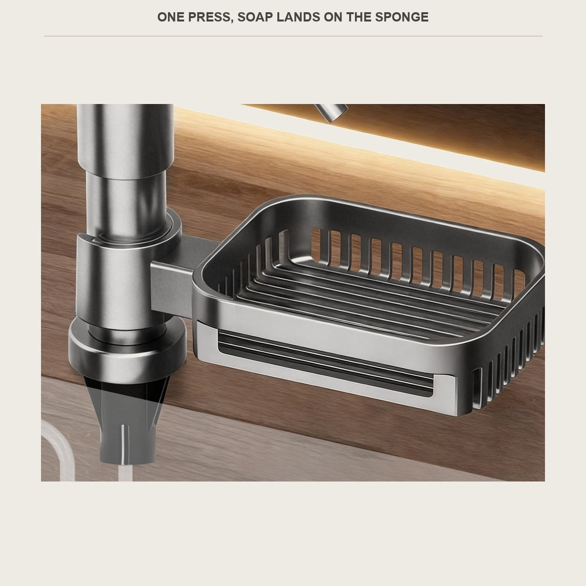Clamp-in soap dispenser on a wood counter beside a kitchen sink