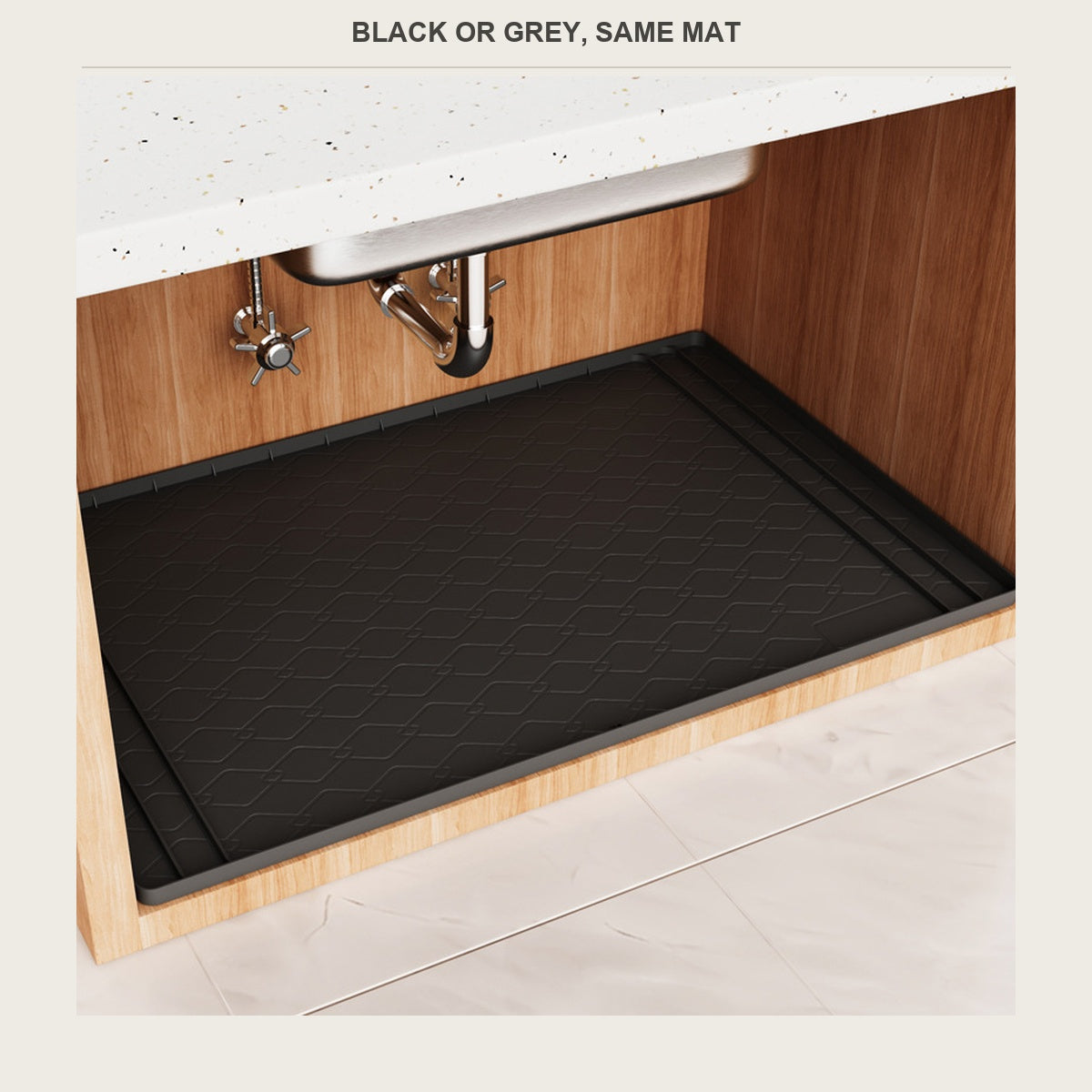 Black waterproof silicone mat under a kitchen sink cabinet