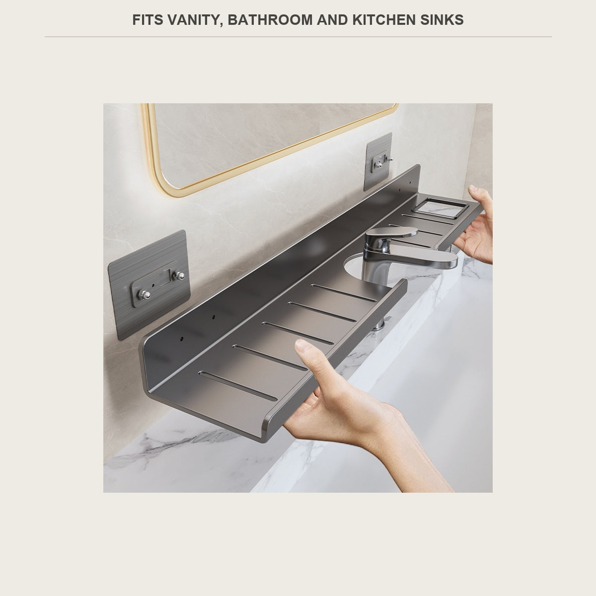 Shelf hanging on its stick-on plate above a bathroom vanity