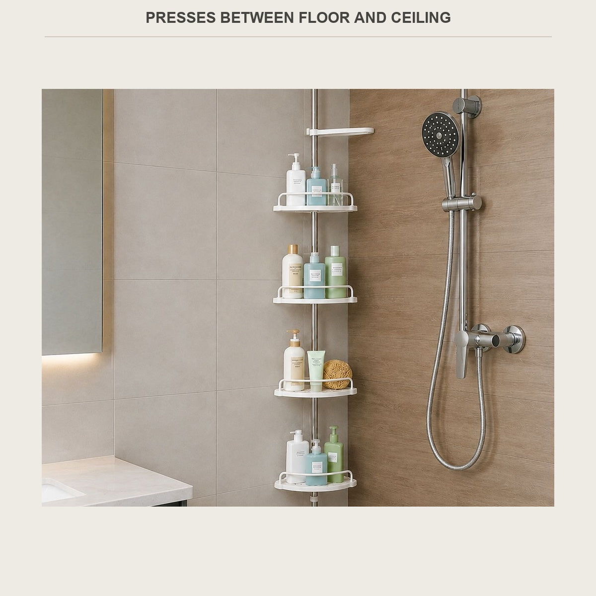 Floor-to-ceiling tension pole shelf in a wood-tiled shower, nothing drilled