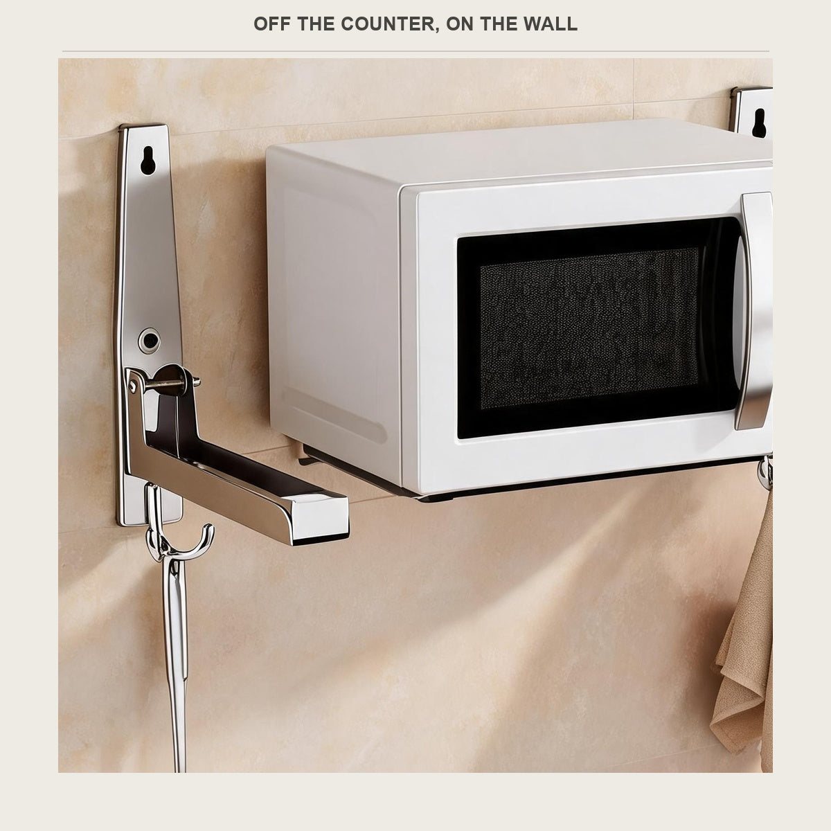Microwave sitting on the wall bracket, counter underneath left clear