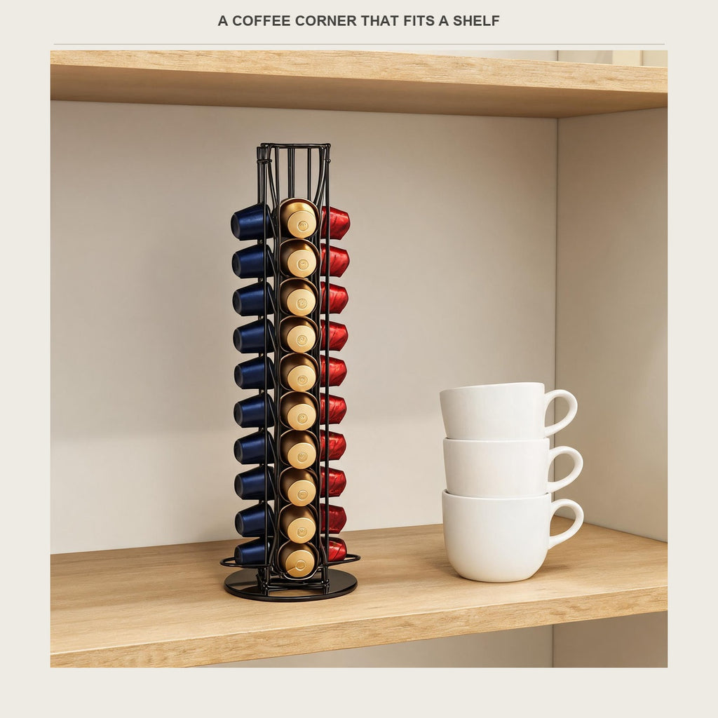 The capsule tower on a pantry shelf beside white mugs, loaded with Nespresso Original capsules