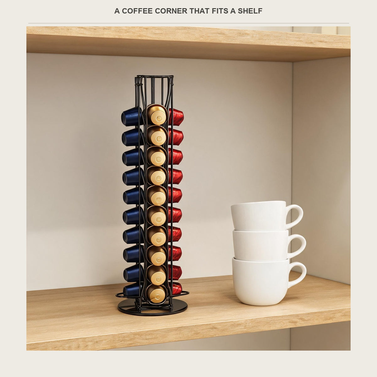 The capsule tower on a pantry shelf beside white mugs, loaded with Nespresso Original capsules