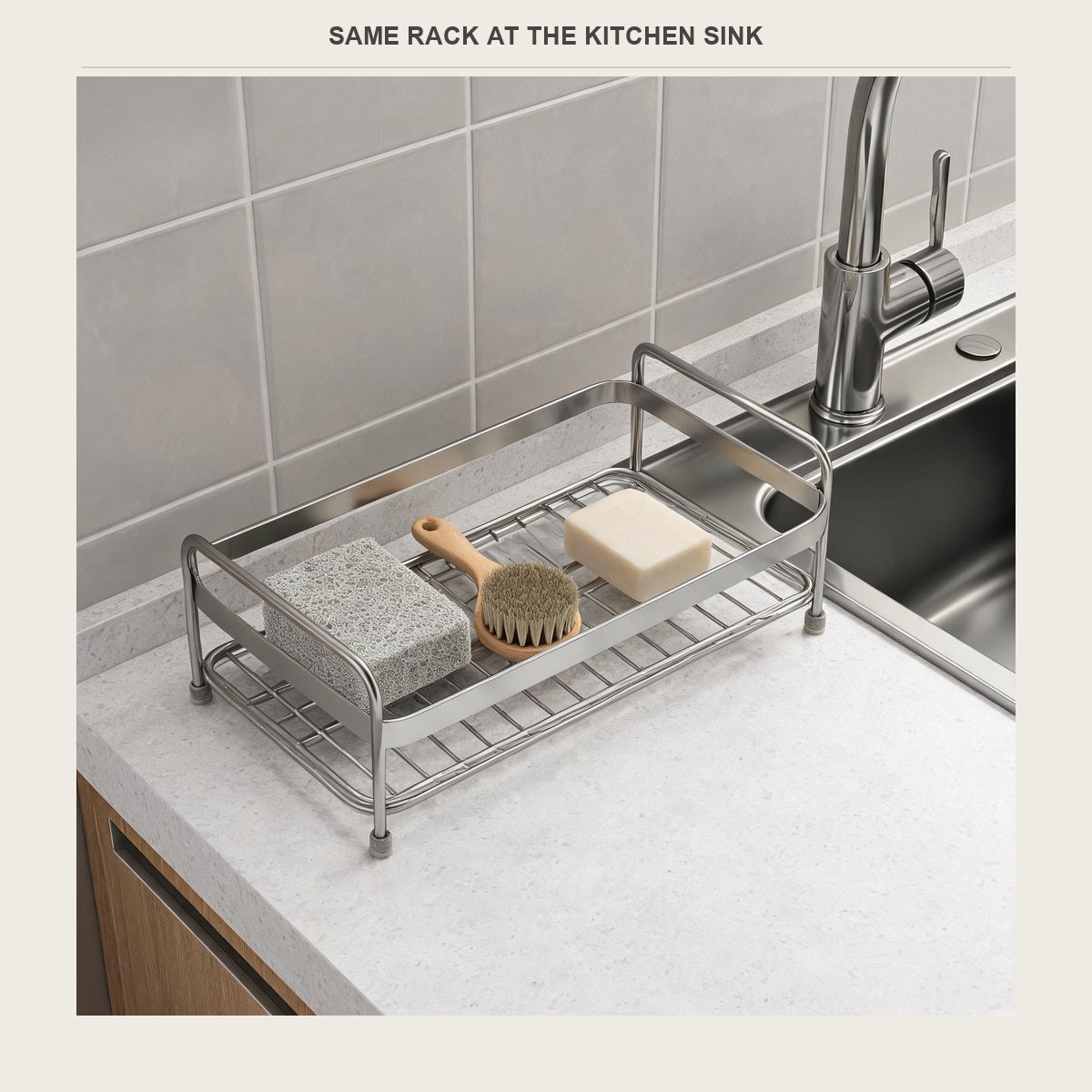 The same wire rack at a kitchen sink holding a sponge, brush and soap