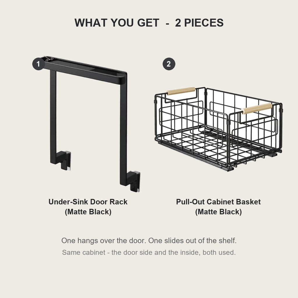 What you get - an over-the-door steel rack plus a steel wire pull-out cabinet basket