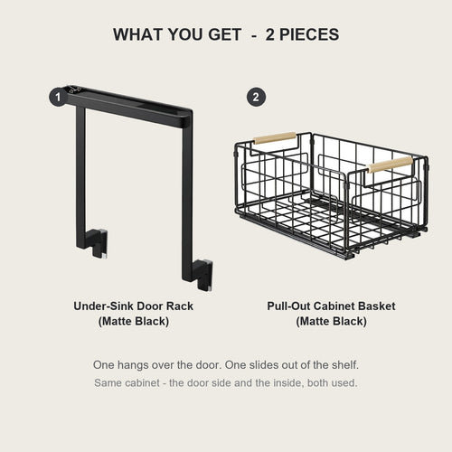 What you get - an over-the-door steel rack plus a steel wire pull-out cabinet basket