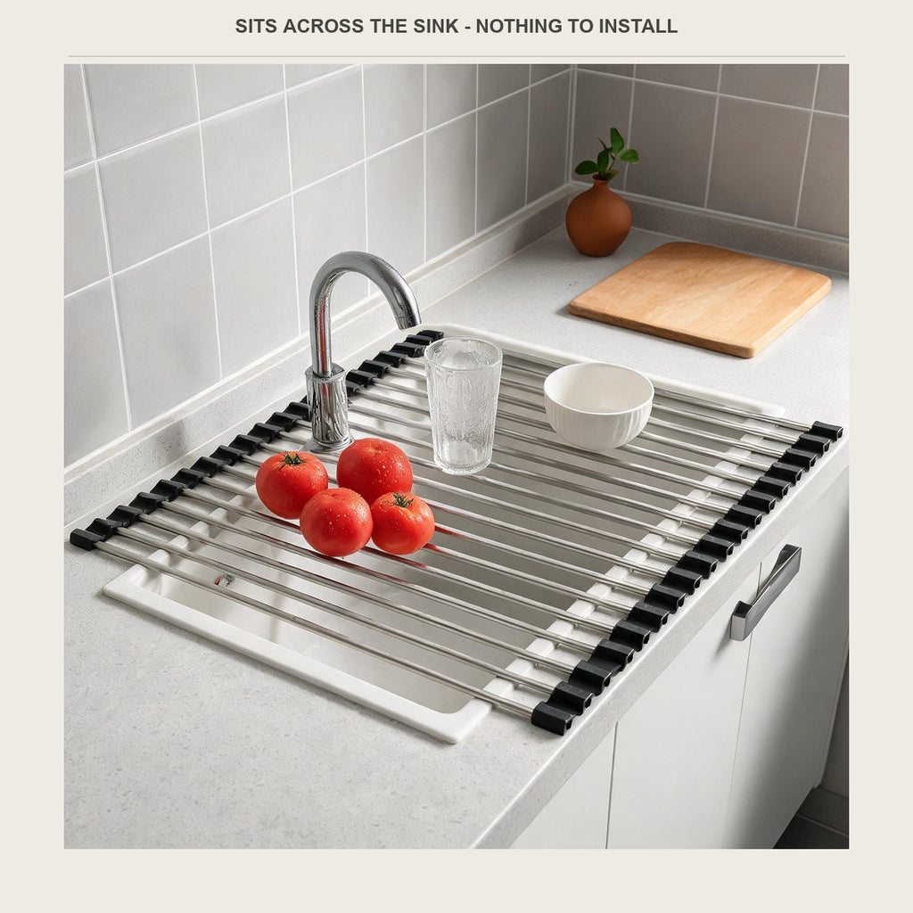 The roll-up rack resting on the counter edges either side of the sink