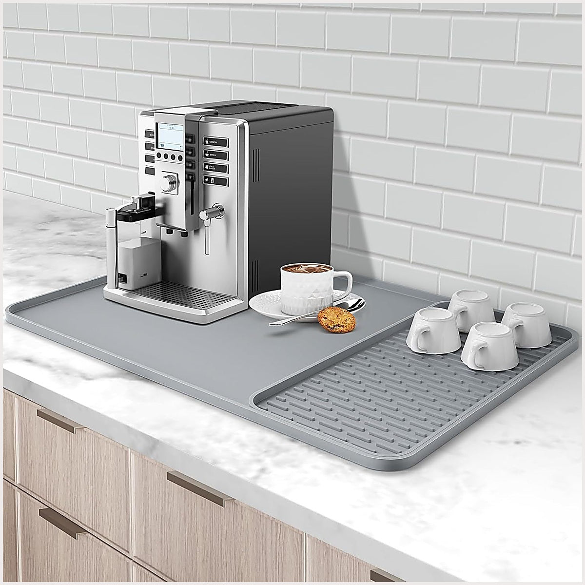 OkaNest Silicone Coffee Maker Mat · set under an espresso machine on the counter
