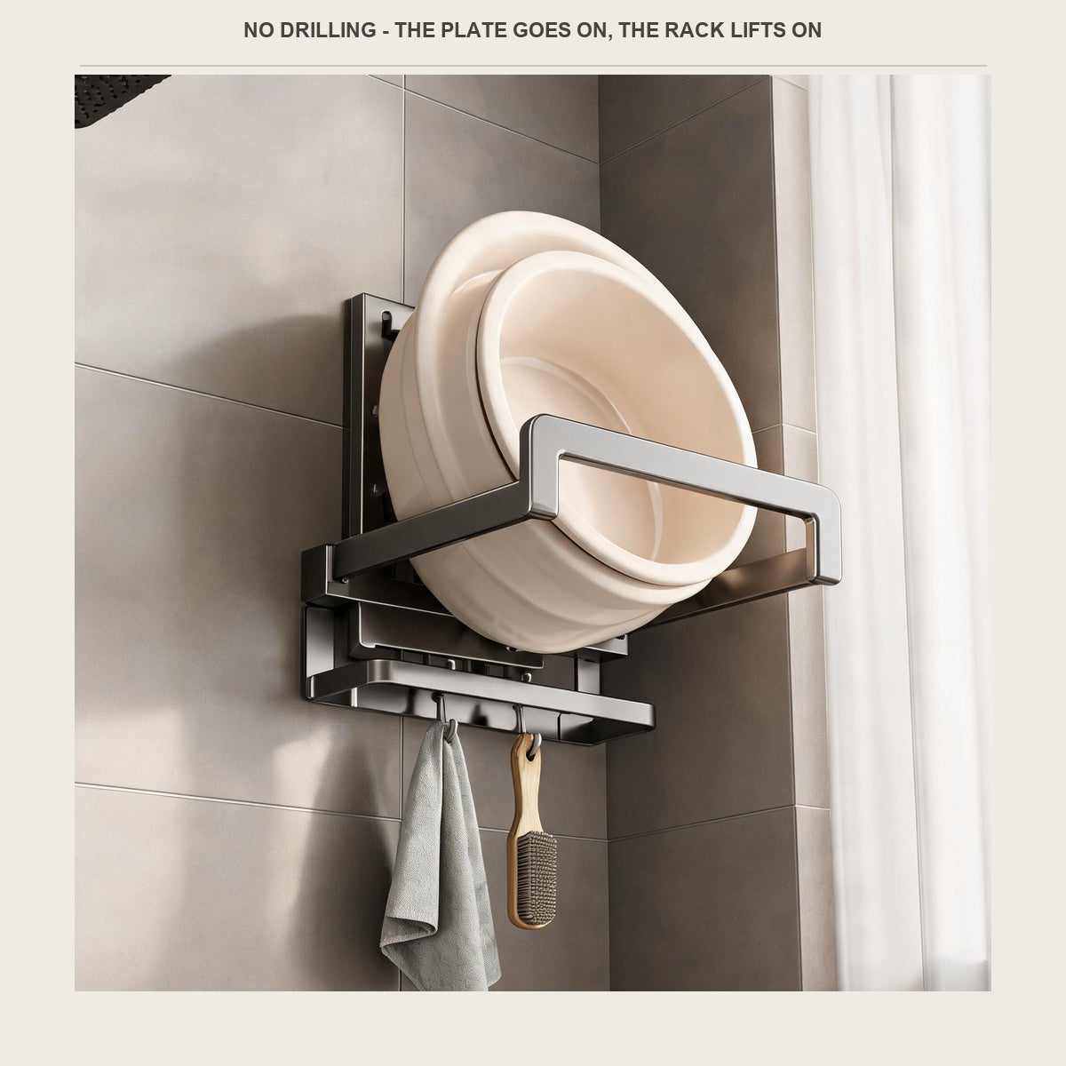 The gunmetal wall rack in a small shower room with a basin in the folded-out arms