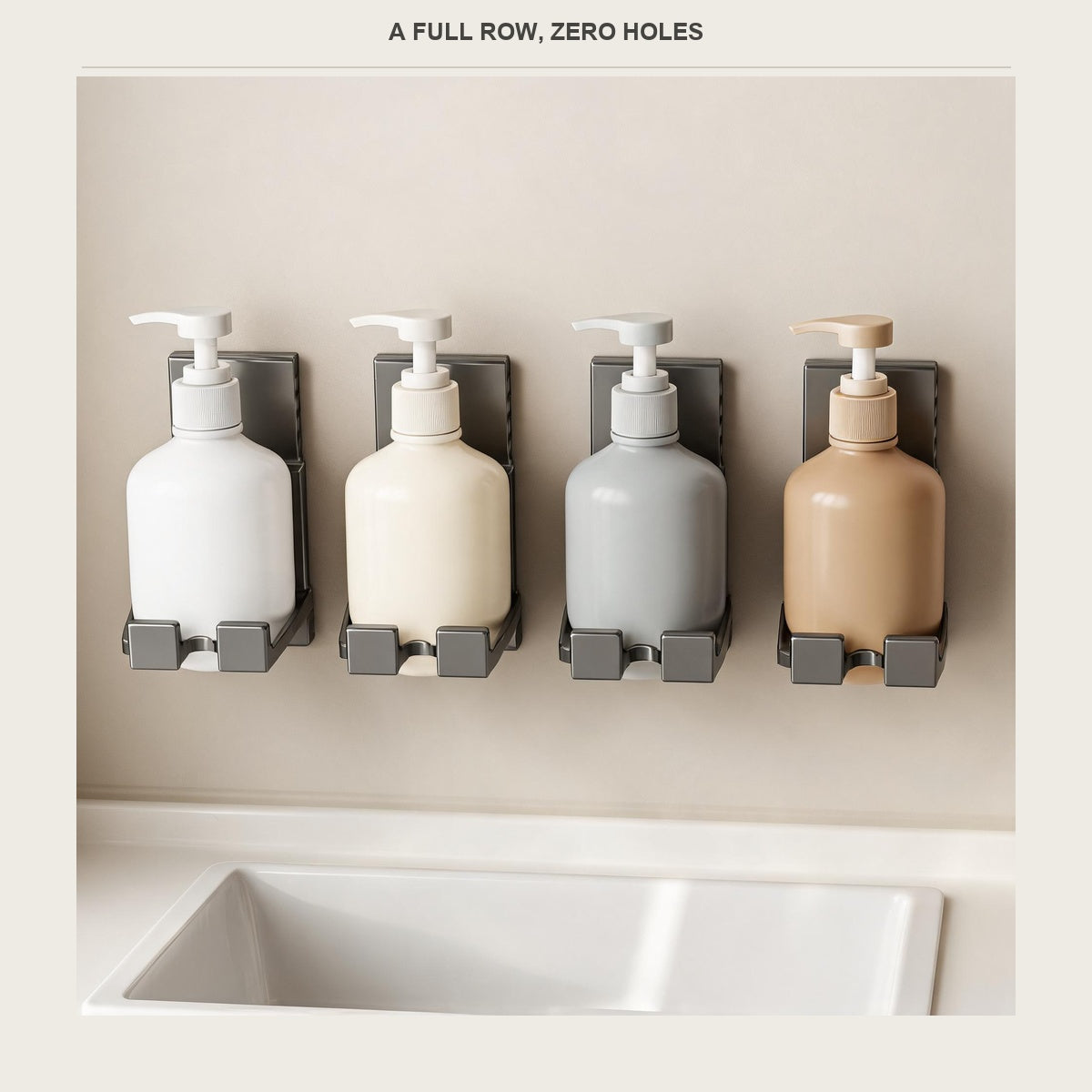 Four adhesive wall bottle holders in a row on a pale wall, each holding a different bottle
