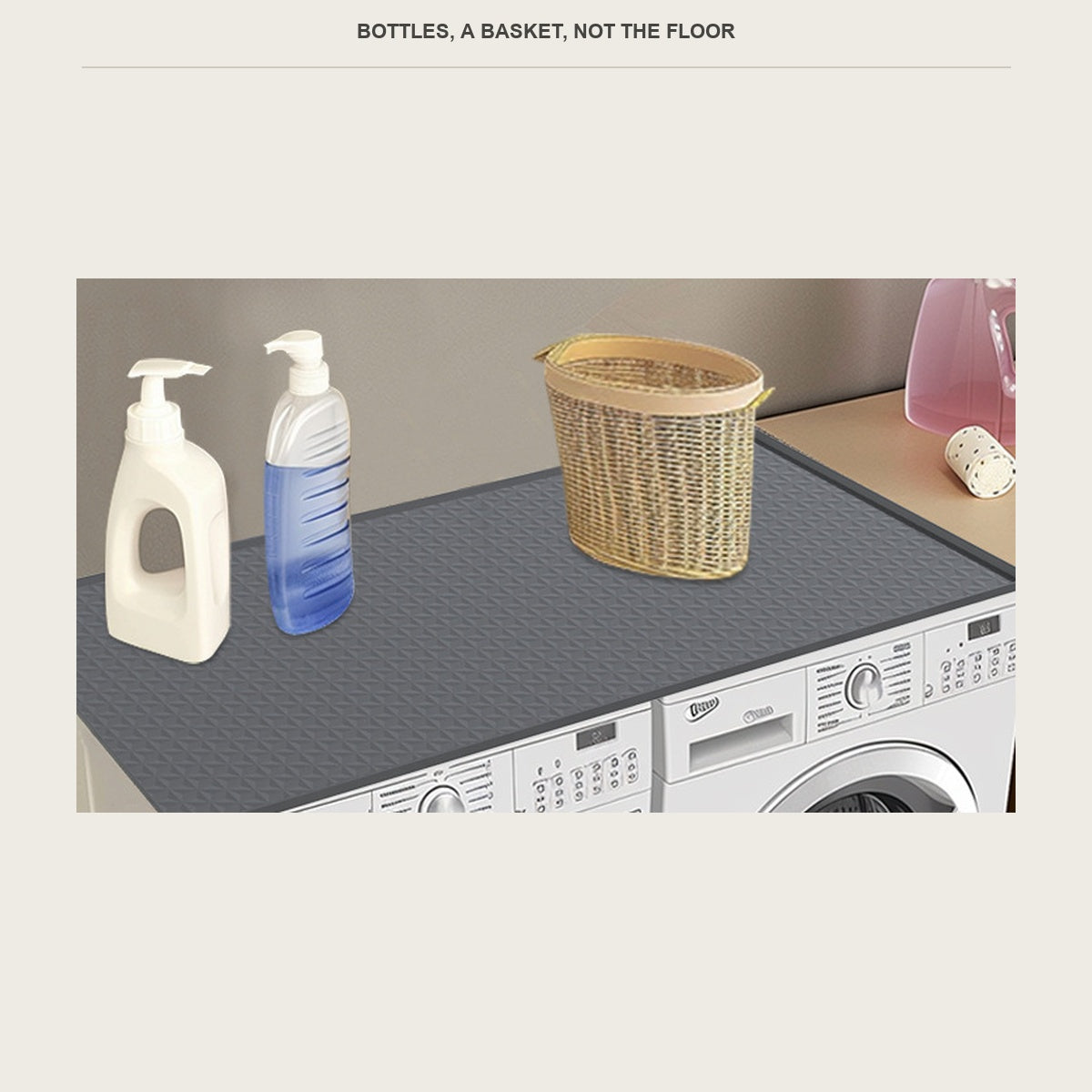 Detergent bottles and a basket standing on the washer top mat