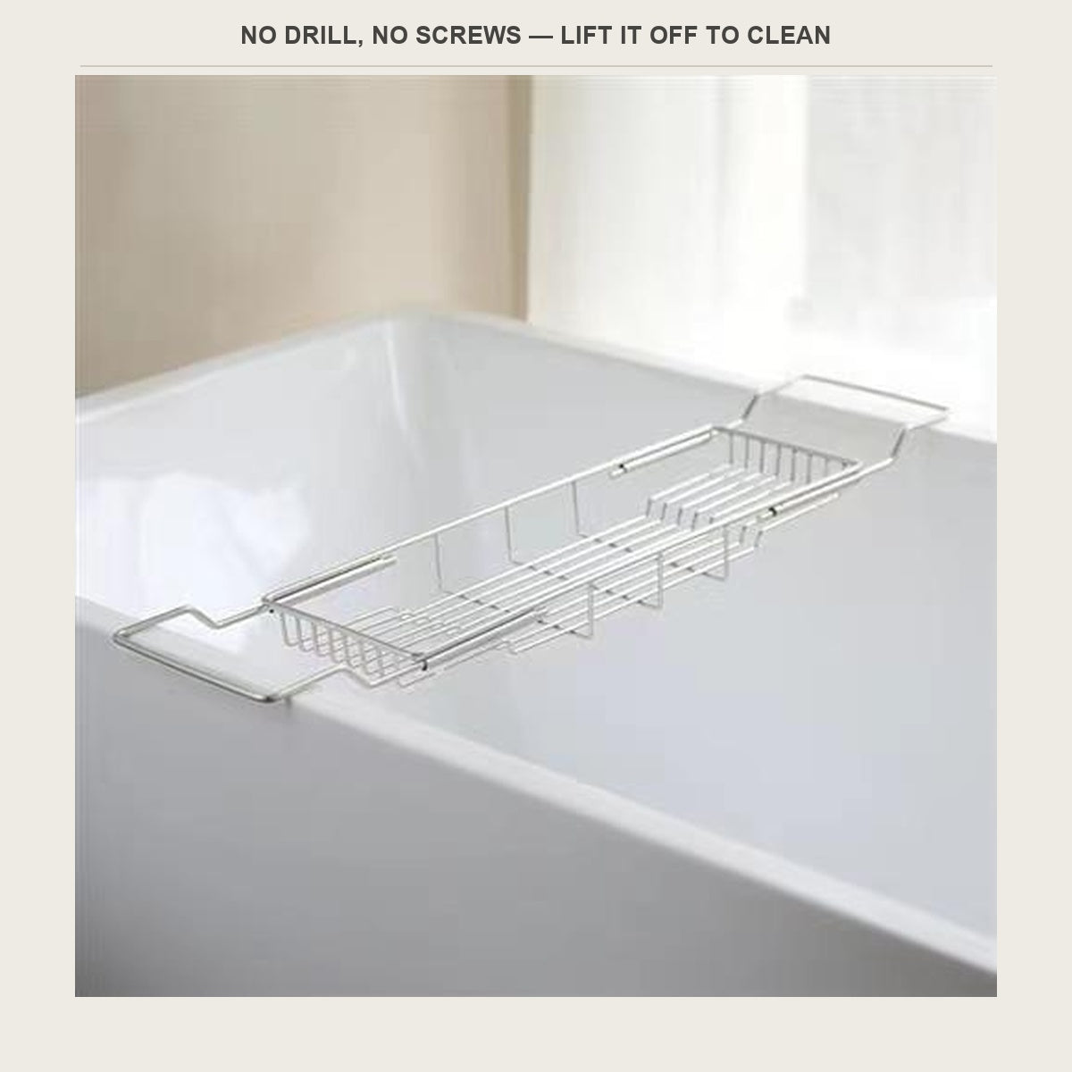 Tub caddy on a white bathtub, nothing drilled or glued to the tile