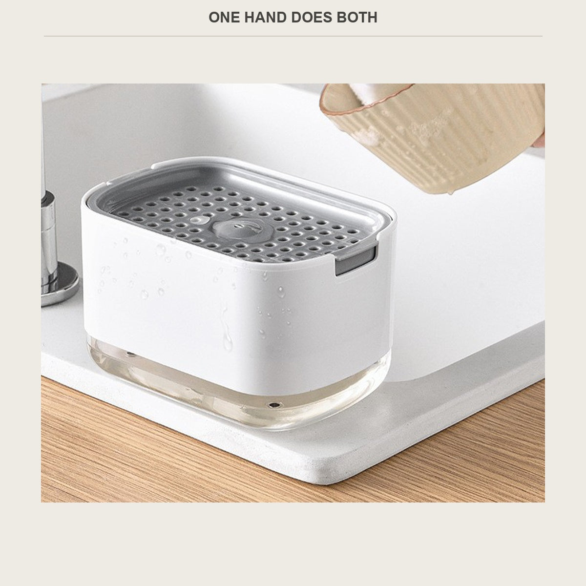 Pressing a sponge onto the soap dispenser grid beside a kitchen faucet
